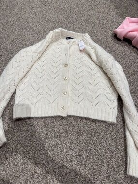 GAP Cream Pointelle Button-Up Knit Cardigan